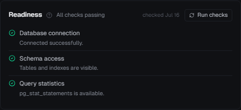 A database readiness panel with all required checks passing