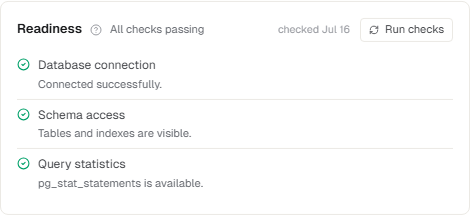 A database readiness panel with all required checks passing