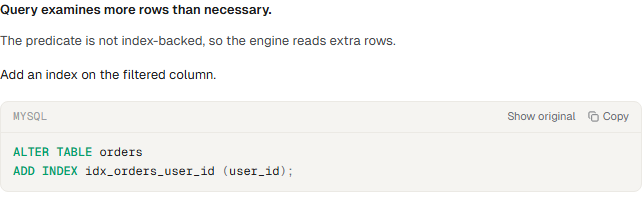 A completed query analysis with a diagnosis and proposed index