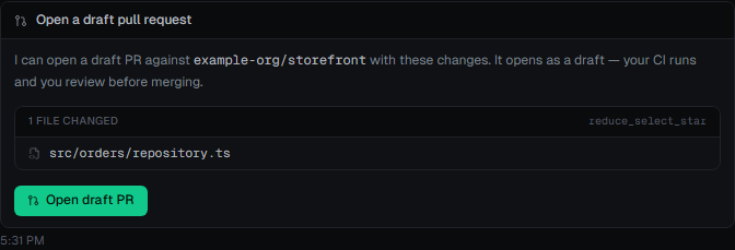A draft pull request confirmation listing the repository and changed file
