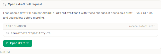 A draft pull request confirmation listing the repository and changed file