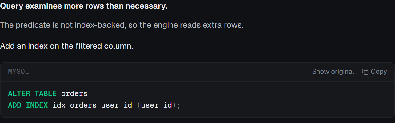 An analysis result in a dbtempo thread: the cause and the proposed index for a pasted query.