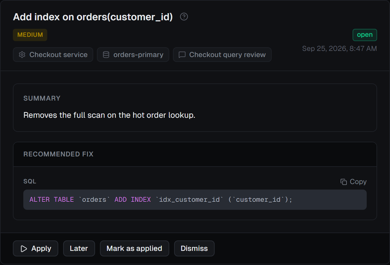 A recommendation awaiting approval, with its SQL and the Apply, Later and Dismiss actions.